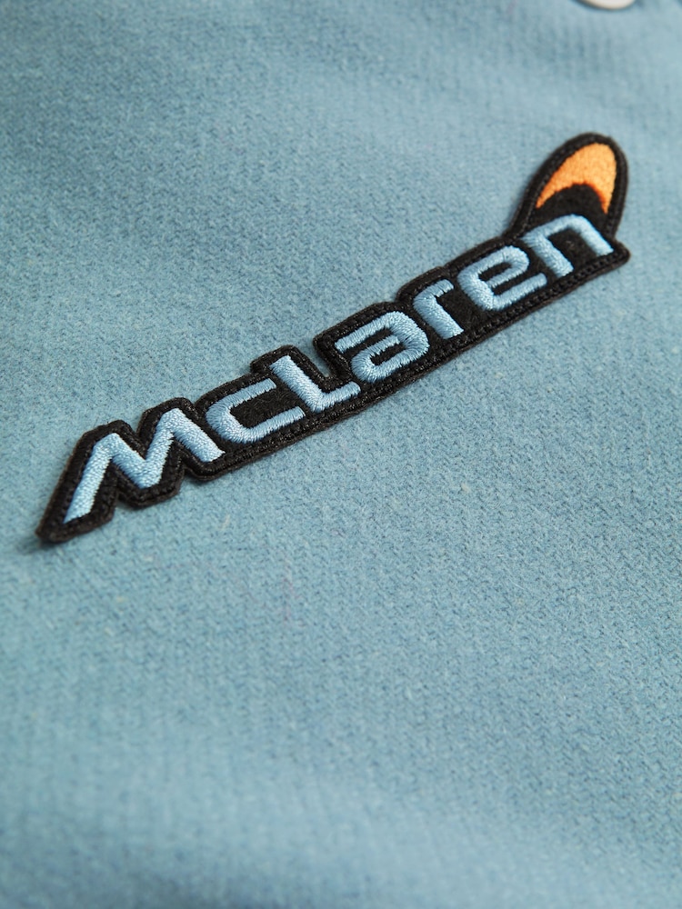 Reiss x McLaren F1 Team Soft Blue/Ecru McLaren F1 Leather Varsity Jacket - Image 7 of 7 Reiss x McLaren F1 Team Soft Blue/Ecru McLaren F1 Leather Varsity Jacket - Image 7 of 7