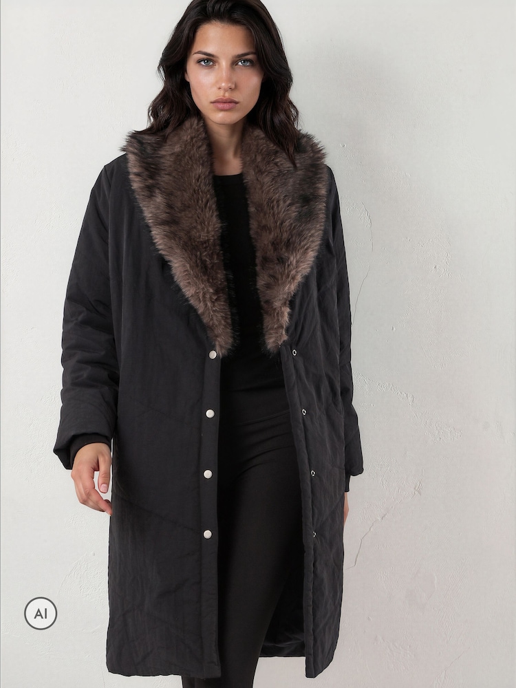 Religion Single Breasted Padded Cover Coat With Contrast Faux Fur Collar - 8суретінің 2 суреті Religion Single Breasted Padded Cover Coat With Contrast Faux Fur Collar - 8суретінің 2 суреті