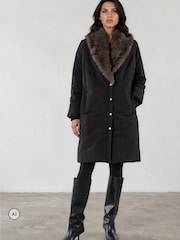Religion Single Breasted Padded Cover Coat With Contrast Faux Fur Collar - 8суретінің 3 суреті