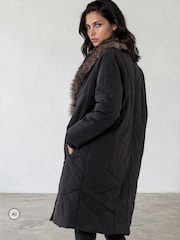 Religion Single Breasted Padded Cover Coat With Contrast Faux Fur Collar - 8суретінің 5 суреті