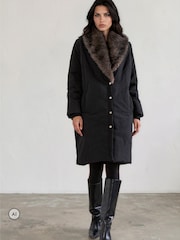 Religion Single Breasted Padded Cover Coat With Contrast Faux Fur Collar - 8суретінің 7 суреті