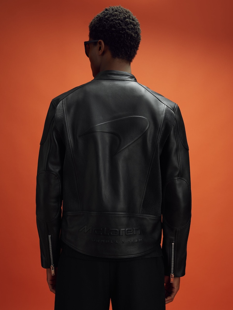 Reiss x McLaren F1 Team Black Embossed Leather Jacket - Image 1 of 11