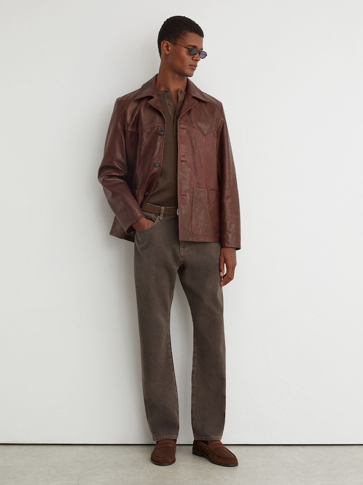 Reiss Grape Brown Hendrix Yarn-Dyed Relaxed Straight-Leg Jeans - Image 1 of 7 Reiss Grape Brown Hendrix Yarn-Dyed Relaxed Straight-Leg Jeans - Image 1 of 7