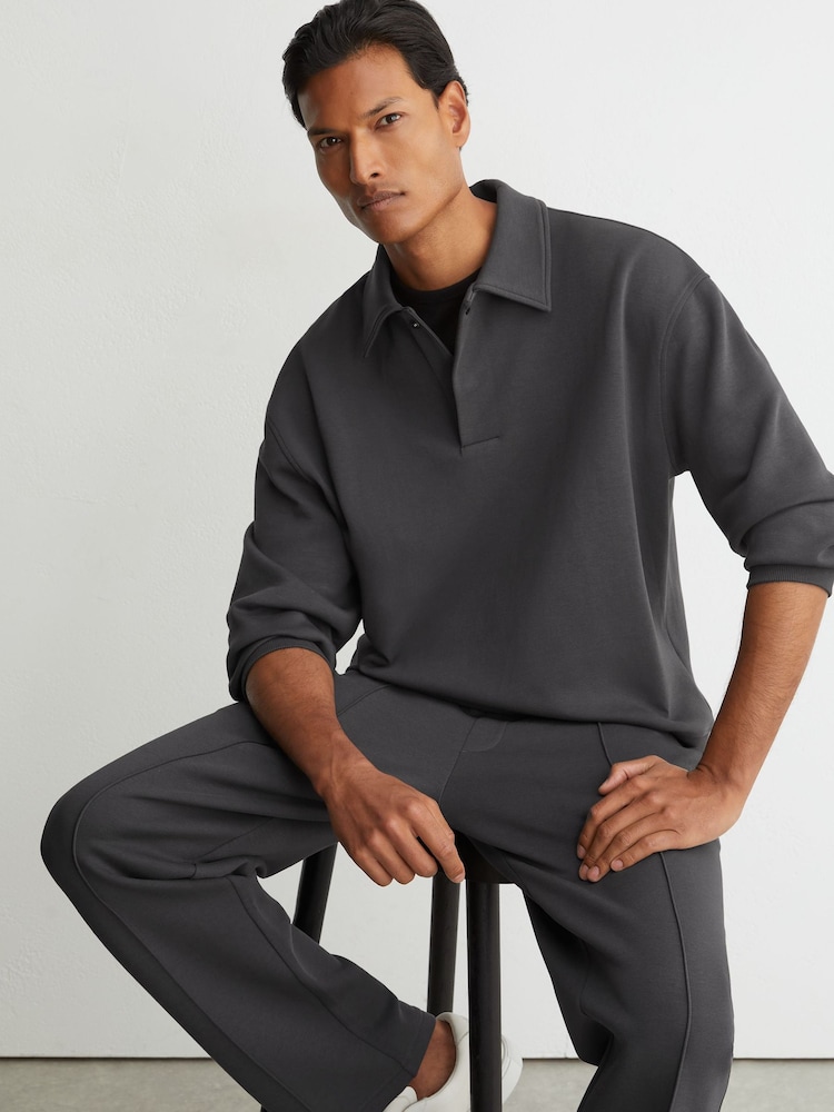 Reiss Charcoal Grey Brooks Premium Interlock Relaxed Polo Sweatshirt - Image 1 of 7 Reiss Charcoal Grey Brooks Premium Interlock Relaxed Polo Sweatshirt - Image 1 of 7