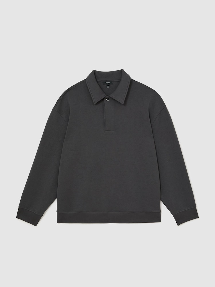 Reiss Charcoal Grey Brooks Premium Interlock Relaxed Polo Sweatshirt - Image 2 of 7 Reiss Charcoal Grey Brooks Premium Interlock Relaxed Polo Sweatshirt - Image 2 of 7