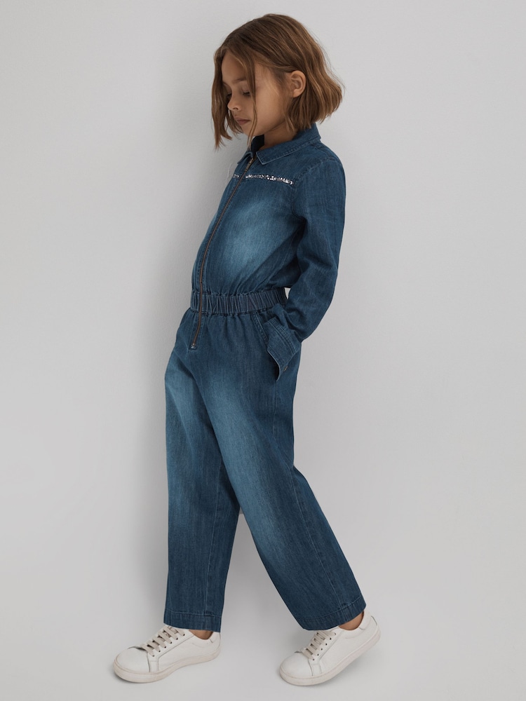 Reiss Blue Marnie 13-14 yrs Elasticated Embellished Denim Jumpsuit - Image 1 of 6