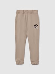 Reiss Taupe Toby 13-14 yrs Cotton Elasticated Waist Motif Joggers - Image 1 of 4