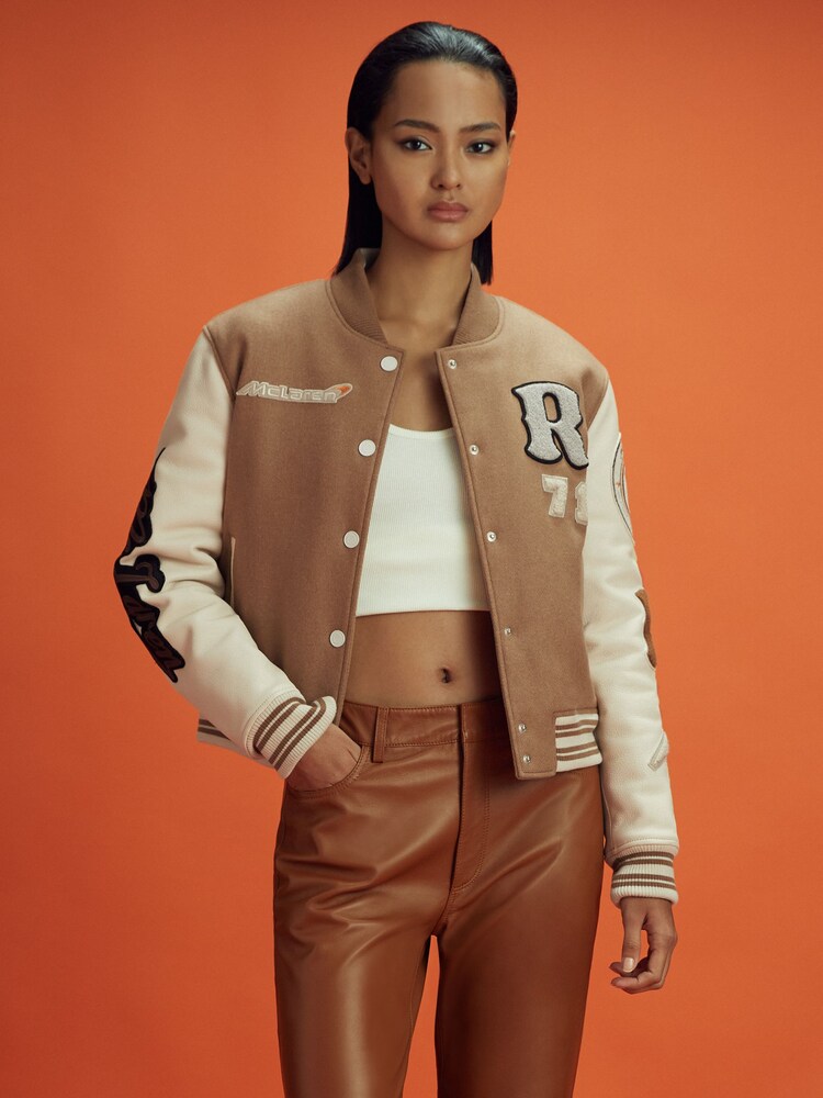 Reiss x McLaren F1 Team Camel/Ecru McLaren F1 Leather Varsity Jacket - Image 1 of 7