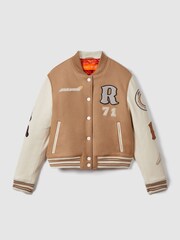 Reiss x McLaren F1 Team Camel/Ecru McLaren F1 Leather Varsity Jacket - Image 2 of 7