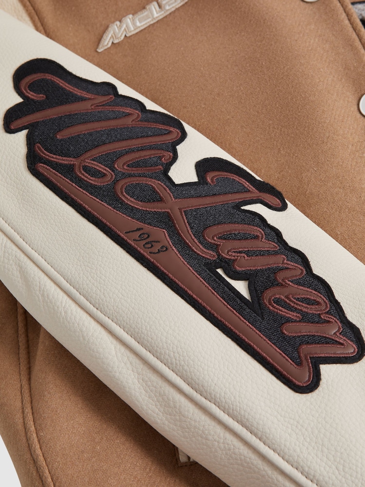 Reiss x McLaren F1 Team Camel/Ecru McLaren F1 Leather Varsity Jacket - Image 7 of 7