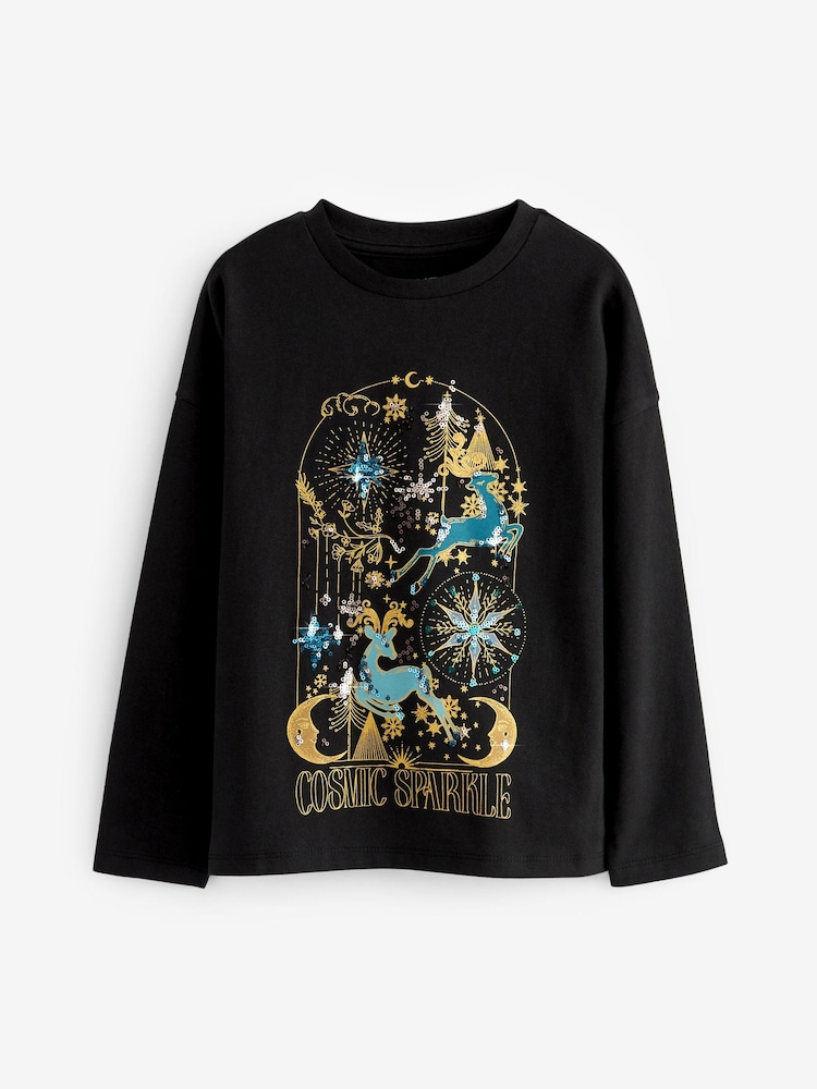 Black/Gold Cosmic Reindeer Sequin Christmas Long Sleeve T-Shirt (3-16yrs) - Image 1 of 3