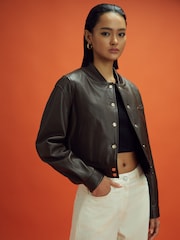 Reiss x McLaren F1 Team Chocolate Cropped Leather Bomber Jacket - Image 1 of 8