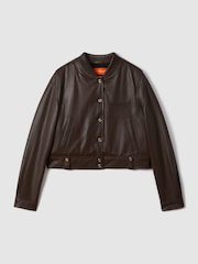 Reiss x McLaren F1 Team Chocolate Cropped Leather Bomber Jacket - Image 2 of 8