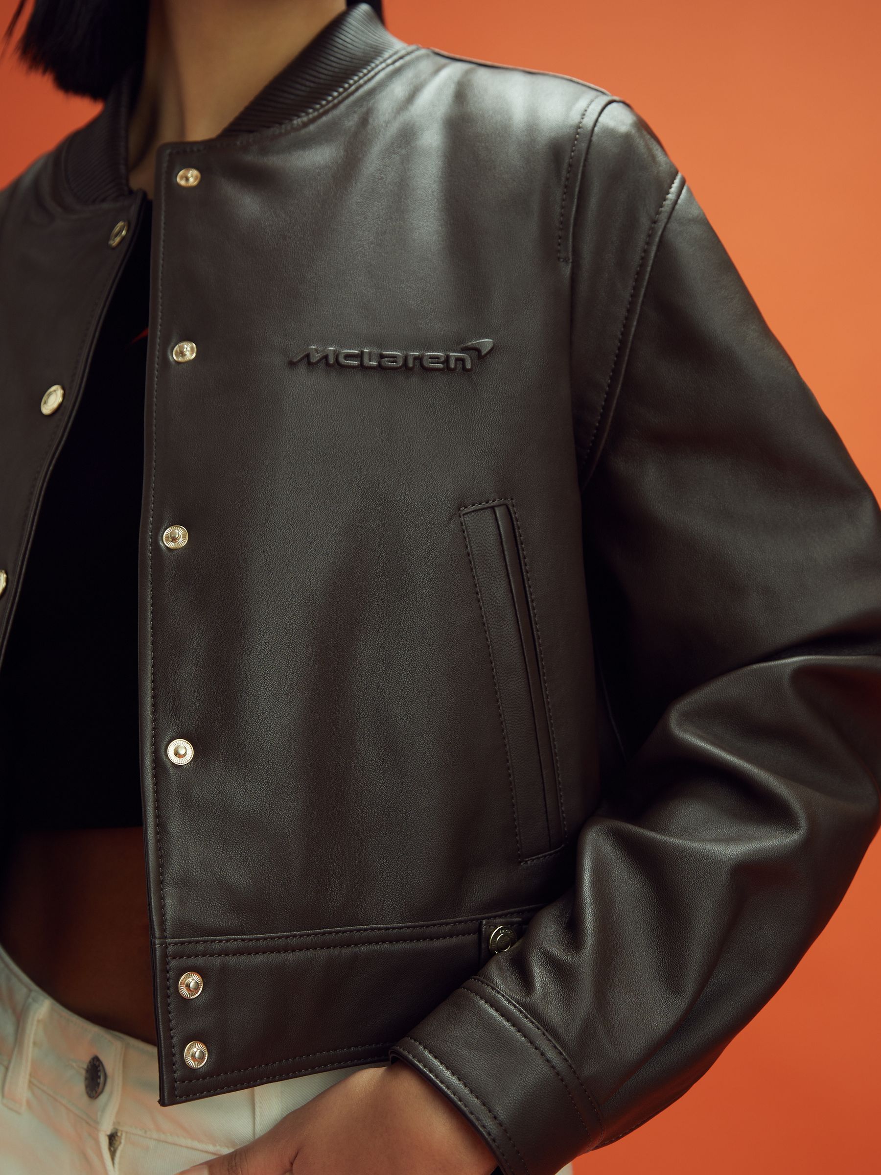 Buy Reiss x McLaren F1 Team Chocolate Cropped Leather Bomber