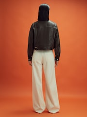 Reiss x McLaren F1 Team Chocolate Cropped Leather Bomber Jacket - Image 5 of 8