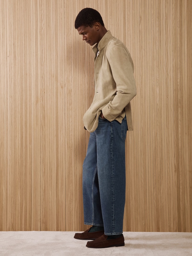Reiss Indigo Blue Wash Freddie Barrel-Leg Jeans - Image 1 of 8 Reiss Indigo Blue Wash Freddie Barrel-Leg Jeans - Image 1 of 8
