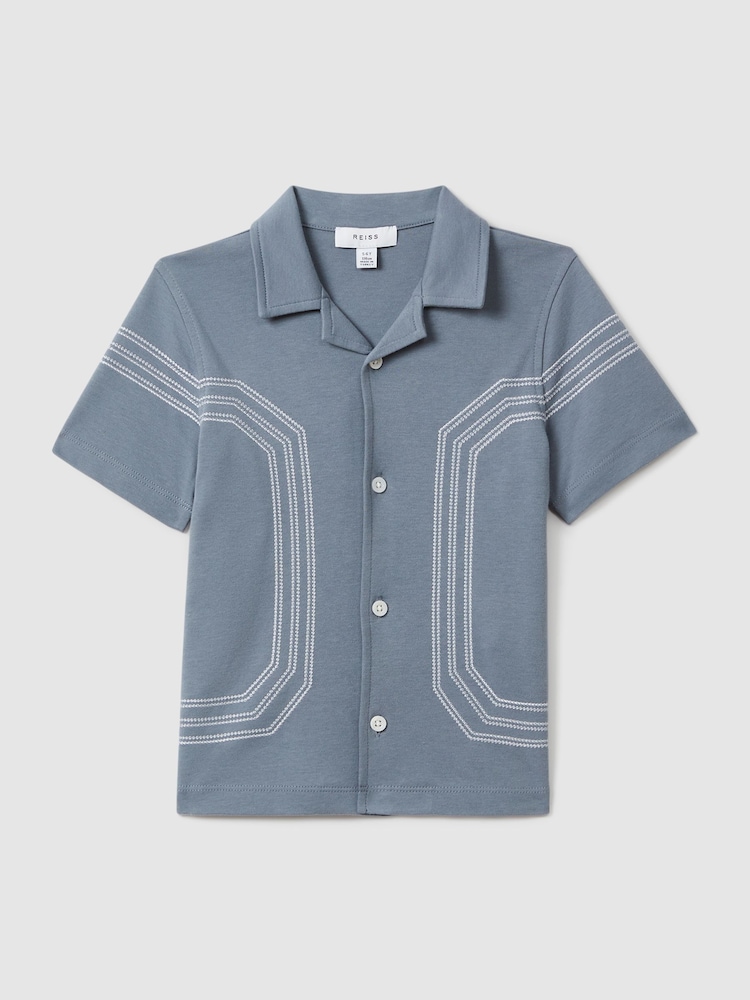 Reiss Airforce Blue Arlington 13-14 yrs Cotton Embroidered Cuban Collar Shirt - Image 1 of 4