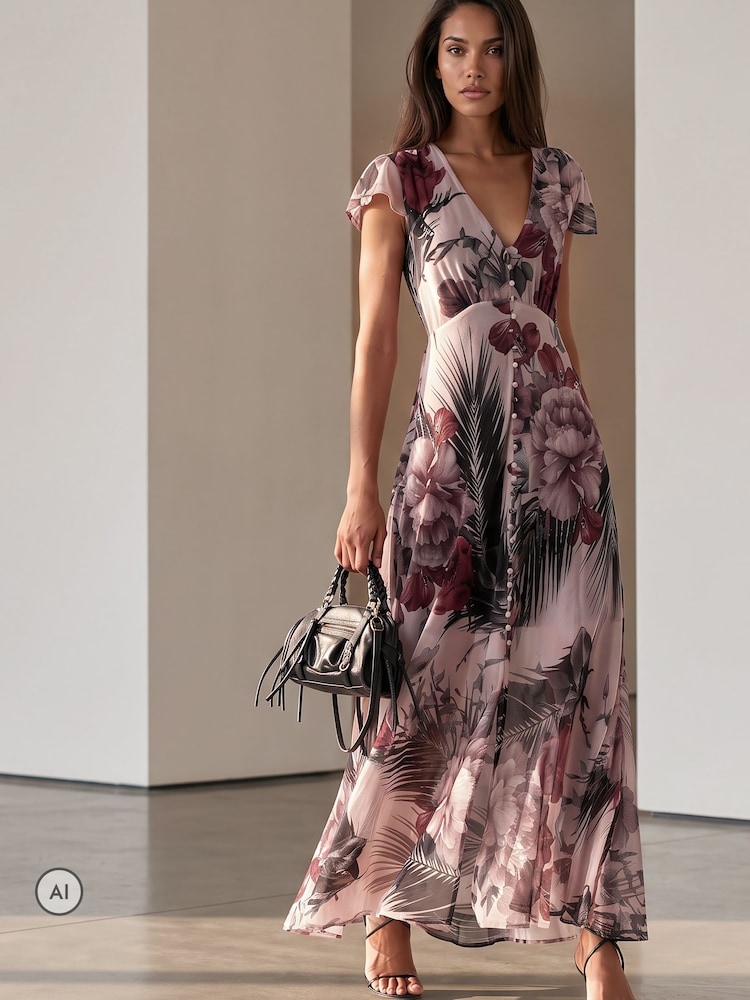 Religion Pink Floral Indium Maxi Tea Dress - Image 1 of 8 Religion Pink Floral Indium Maxi Tea Dress - Image 1 of 8