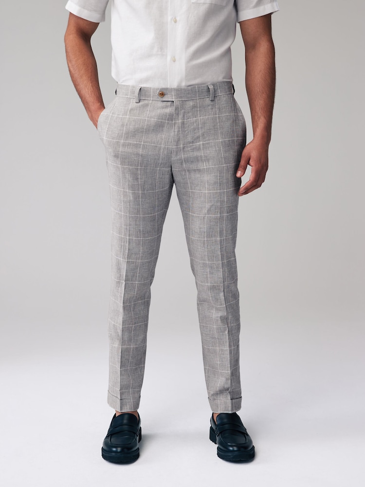 Grau - Karierte Anzughose aus Leinen, Slim-Fit - Bild 1 von 3 Grau - Karierte Anzughose aus Leinen, Slim-Fit - Bild 1 von 3