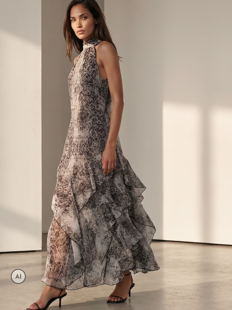 Religion Natural Snake-Print Taylor Maxi Dress With Full Ruffle Skirt - Image 1 of 8 Religion Natural Snake-Print Taylor Maxi Dress With Full Ruffle Skirt - Image 1 of 8