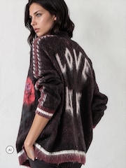 Religion Black Love Life Slogan Rebel Cardigan with Jacquard Roses - Image 1 of 8
