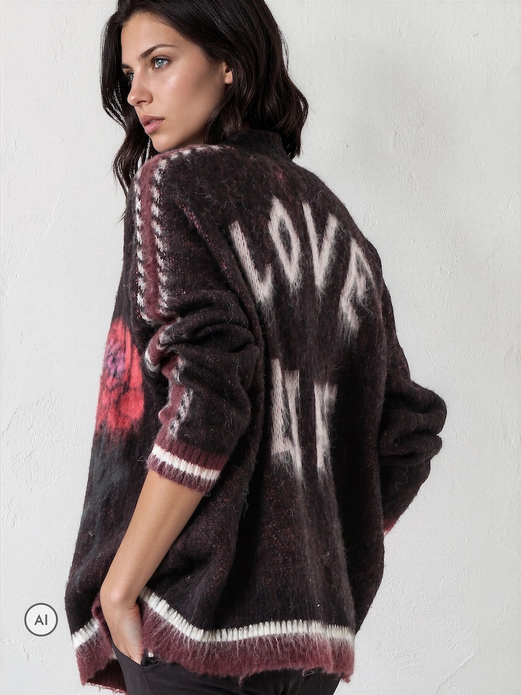 Religion Black Love Life Slogan Rebel Cardigan with Jacquard Roses - Image 1 of 8 Religion Black Love Life Slogan Rebel Cardigan with Jacquard Roses - Image 1 of 8