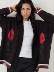 Religion Black Love Life Slogan Rebel Cardigan with Jacquard Roses - Image 2 of 8