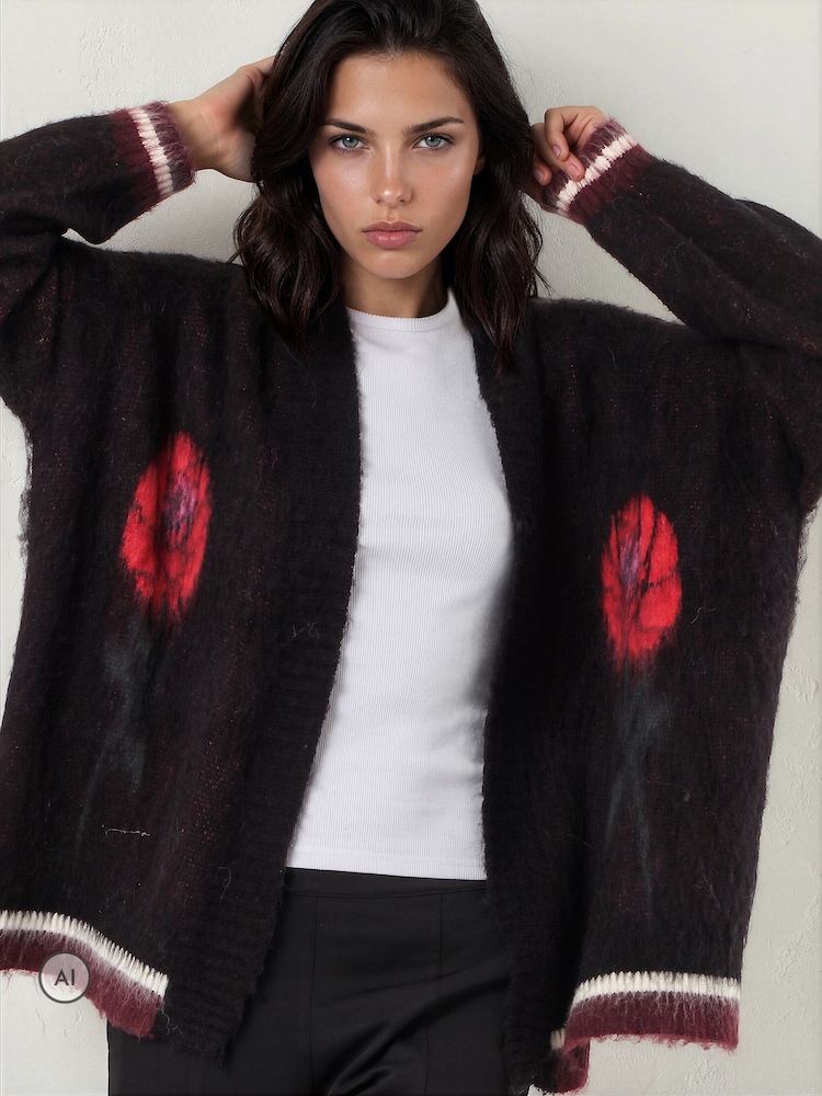 Religion Black Love Life Slogan Rebel Cardigan with Jacquard Roses - Image 2 of 8 Religion Black Love Life Slogan Rebel Cardigan with Jacquard Roses - Image 2 of 8