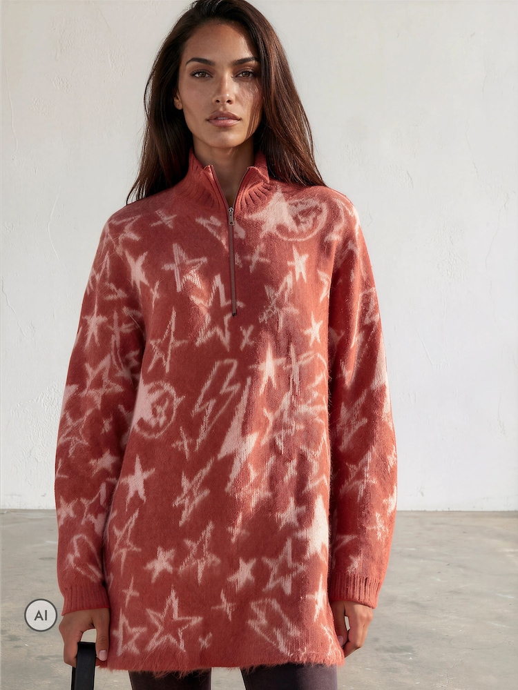 Oransje - Religion Overdimensjonert Star Jacquard Burnt Strikket Starlight-kjole med glidelås og traktutringning - Bilde 2 av 8