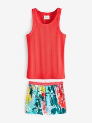 Red Floral Rib Vest Short 100% Cotton Pyjamas Set - Image 1 of 5