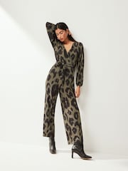 Khaki Green Long Sleeve Plisse Jumpsuit - Image 1 of 6