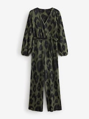 Khaki Green Long Sleeve Plisse Jumpsuit - Image 5 of 6