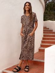 Threadbare Brown 100% Cotton Leopard Print Smock Style Midi Dress - Image 1 of 4