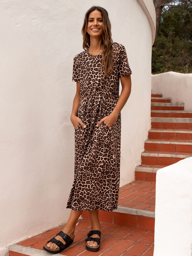 Threadbare Brown 100% Cotton Leopard Print Smock Style Midi Dress - Image 1 of 4