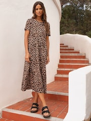Threadbare Brown 100% Cotton Leopard Print Smock Style Midi Dress - Image 2 of 4