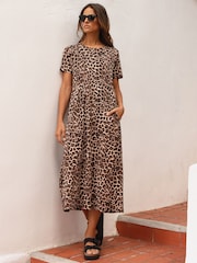 Threadbare Brown 100% Cotton Leopard Print Smock Style Midi Dress - Image 3 of 4
