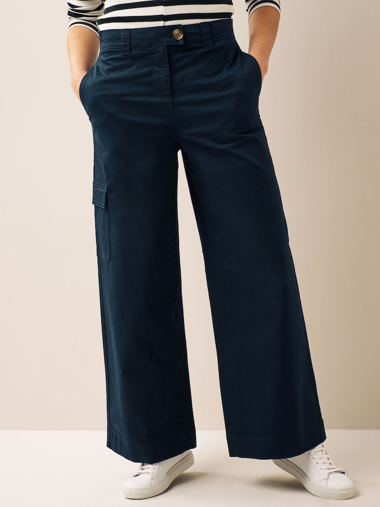 Navy Blue Wide Leg Chino Cargo Trousers - Image 1 of 7