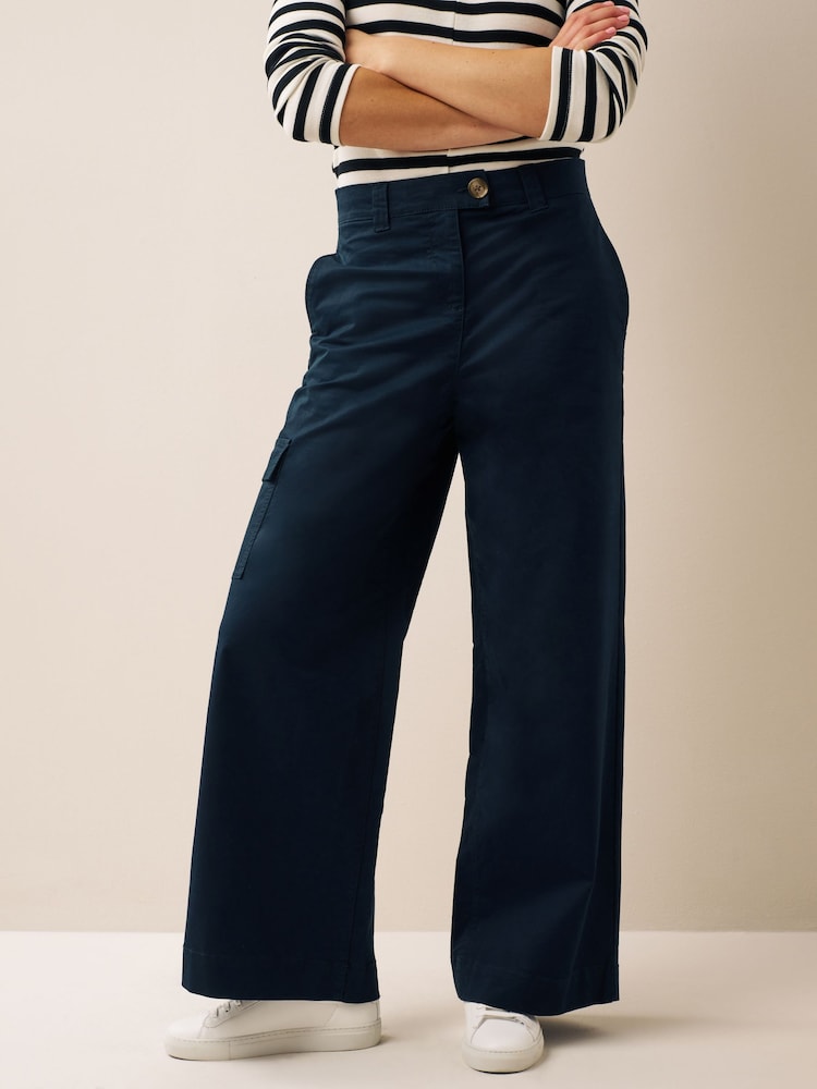 Navy Blue Wide Leg Chino Cargo Trousers - Image 4 of 7