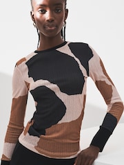 Black/Brown Cow Print Long Sleeve Textured Top - Image 1 of 4