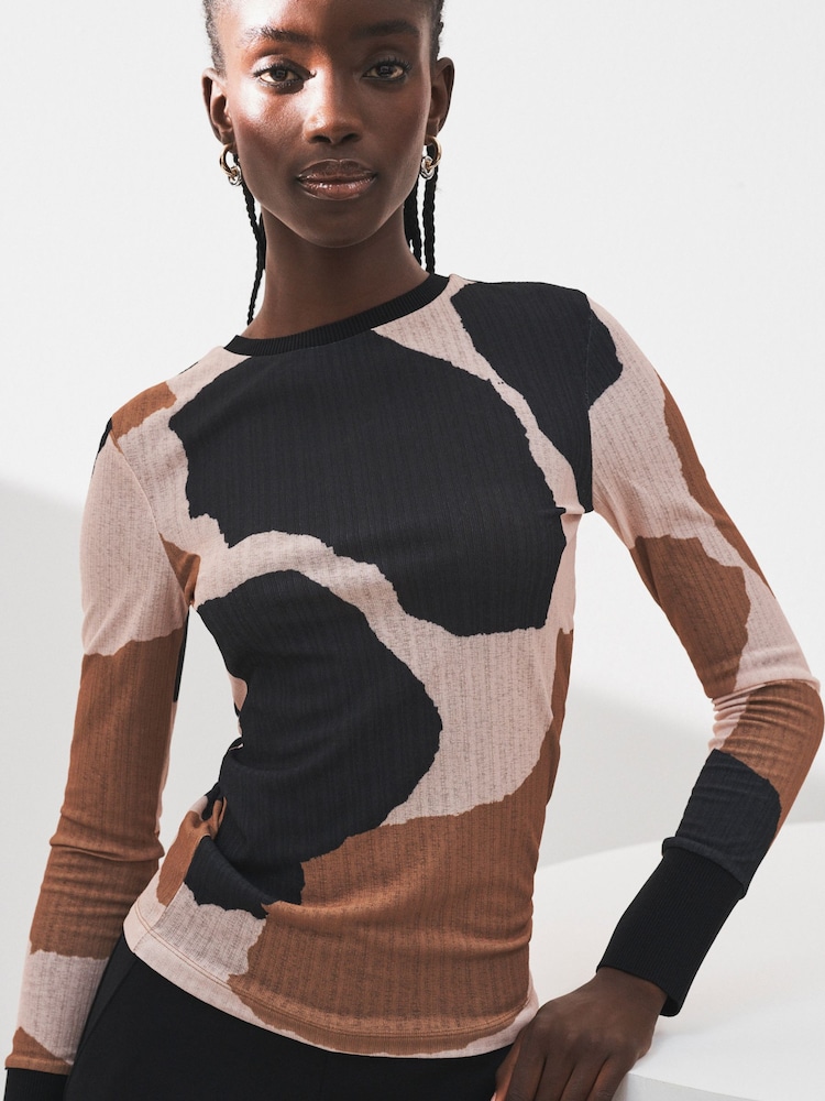 Black/Brown Cow Print Long Sleeve Textured Top - Image 1 of 4