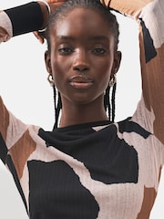 Black/Brown Cow Print Long Sleeve Textured Top - Image 3 of 4