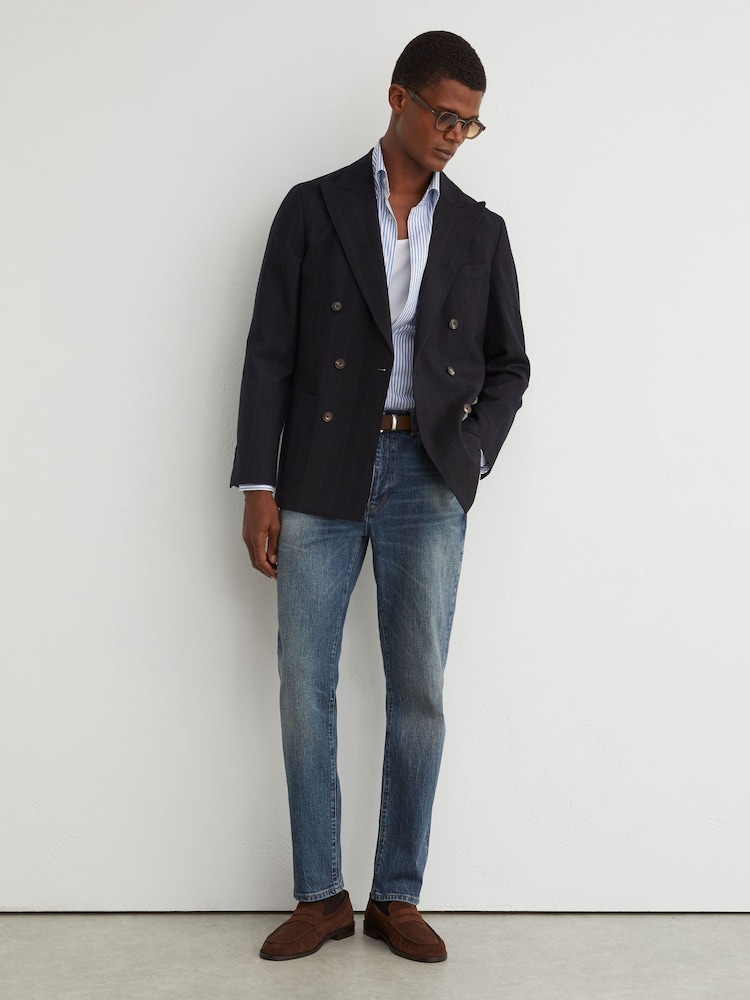Reiss Mid Blue Iggy Comfort-Stretch Straight-Leg Jeans - Image 1 of 9 Reiss Mid Blue Iggy Comfort-Stretch Straight-Leg Jeans - Image 1 of 9