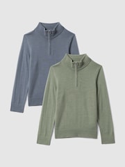 Reiss Nickel Blue/Kale Blackhall 9-13 yrs Merino Wool Zip-Neck Jumpers 2 Pack - Image 2 of 9