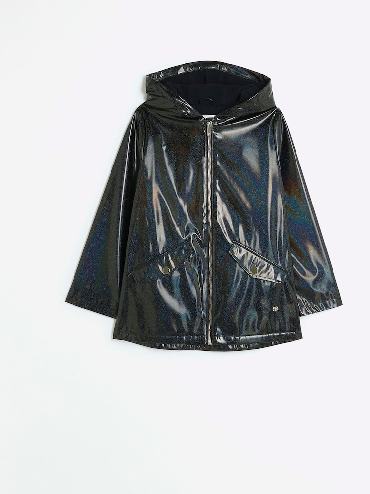 River Island Black Girls Glitter Hooded Rain Coat - Image 1 of 7