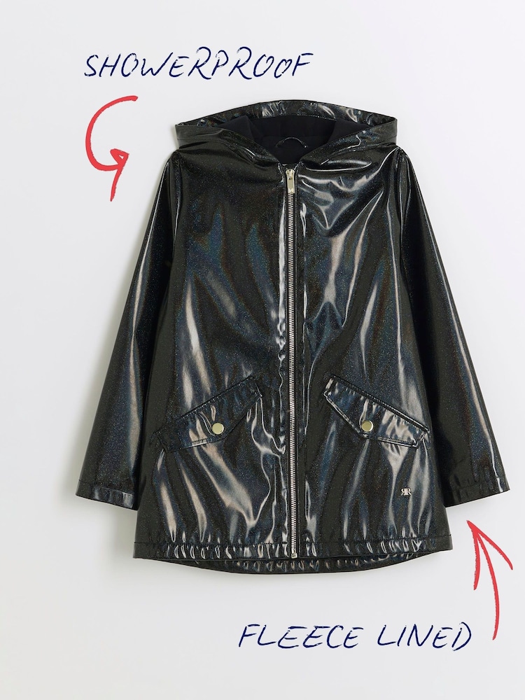River Island Black Girls Glitter Hooded Rain Coat - Image 6 of 6