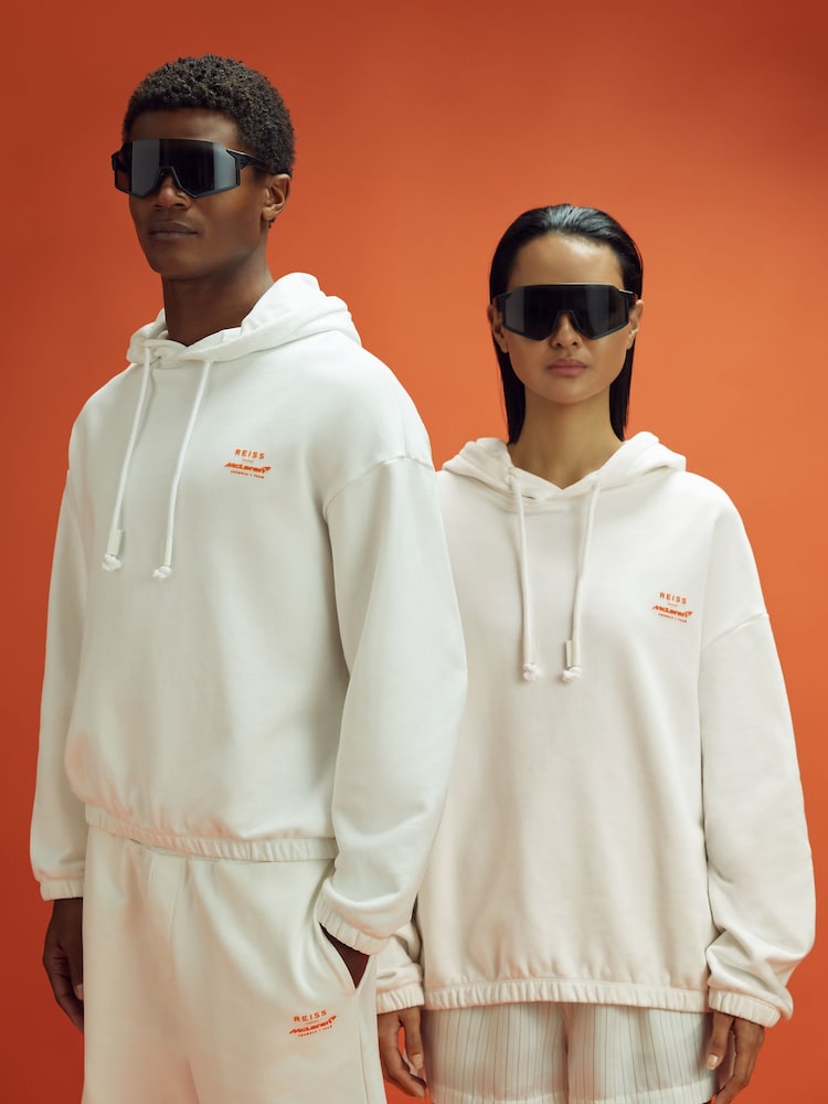 Reiss x McLaren F1 Team White McLaren F1 Elasticated Cotton Hoodie - Image 1 of 11 Reiss x McLaren F1 Team White McLaren F1 Elasticated Cotton Hoodie - Image 1 of 11
