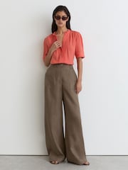 Reiss Coral Pink Aurelia Cotton Cheesecloth Frill-Neck Top - Image 1 of 5