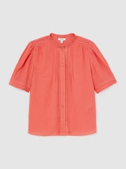 Reiss Coral Pink Aurelia Cotton Cheesecloth Frill-Neck Top - Image 2 of 5