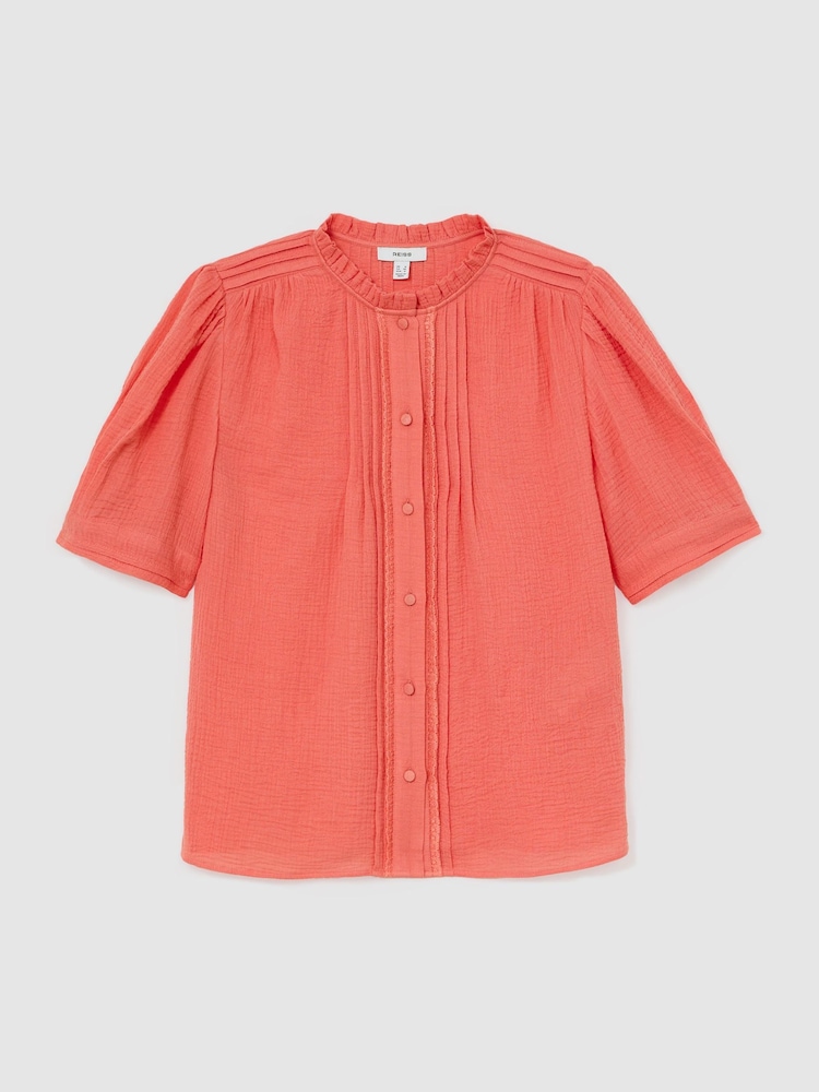 Reiss Coral Pink Aurelia Cotton Cheesecloth Frill-Neck Top - Image 2 of 5 Reiss Coral Pink Aurelia Cotton Cheesecloth Frill-Neck Top - Image 2 of 5