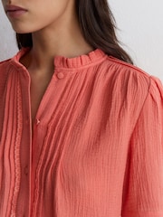 Reiss Coral Pink Aurelia Cotton Cheesecloth Frill-Neck Top - Image 3 of 5